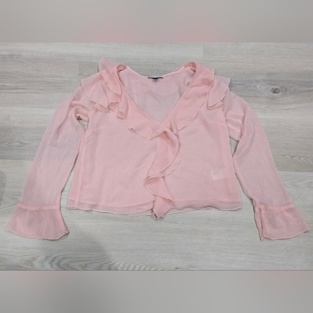 American Eagle Pink Long Sleeve Ruffle Blouse Size S
